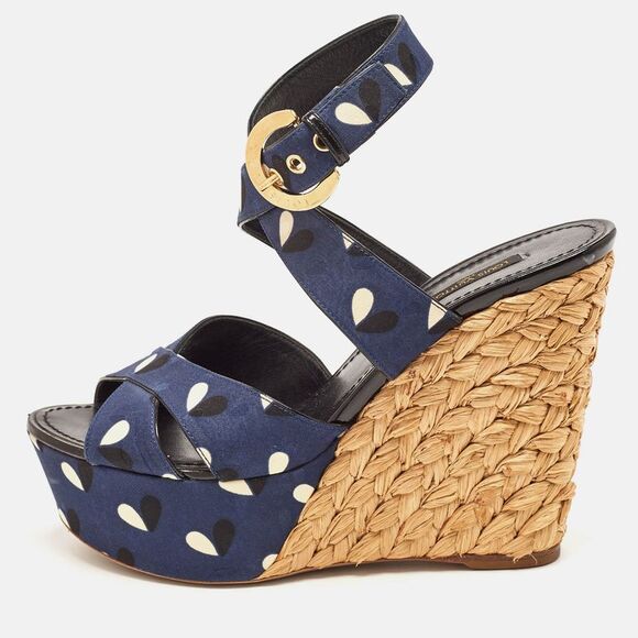 Louis Vuitton Navy Blue Printed Fabric Espadrille Wedge Ankle Wrap Sandals - Picture 1 of 4